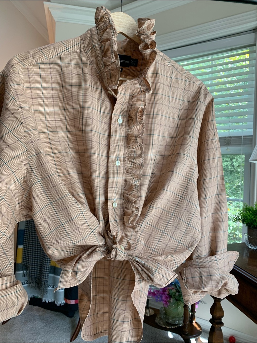 Ralph Lauren Peach Plaid Ruffle-Front Button Down Shirt